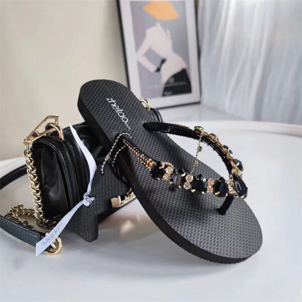 Women's Fashion Casual Color Blocking Glass Peach Heart Rhinestone Flip-flops - Image 4