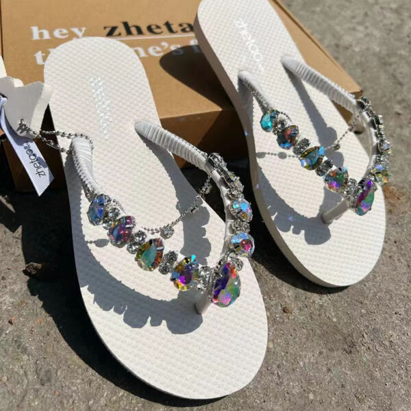 Women's Fashion Casual Color Blocking Glass Peach Heart Rhinestone Flip-flops - Image 6